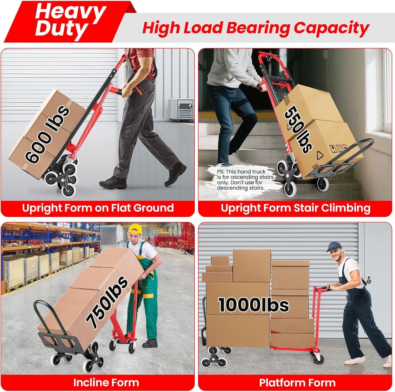 1000Lbs Stair Climbing Cart 4-in-1 Heavy Duty Folding Hand Truck Dolly w/Wheels