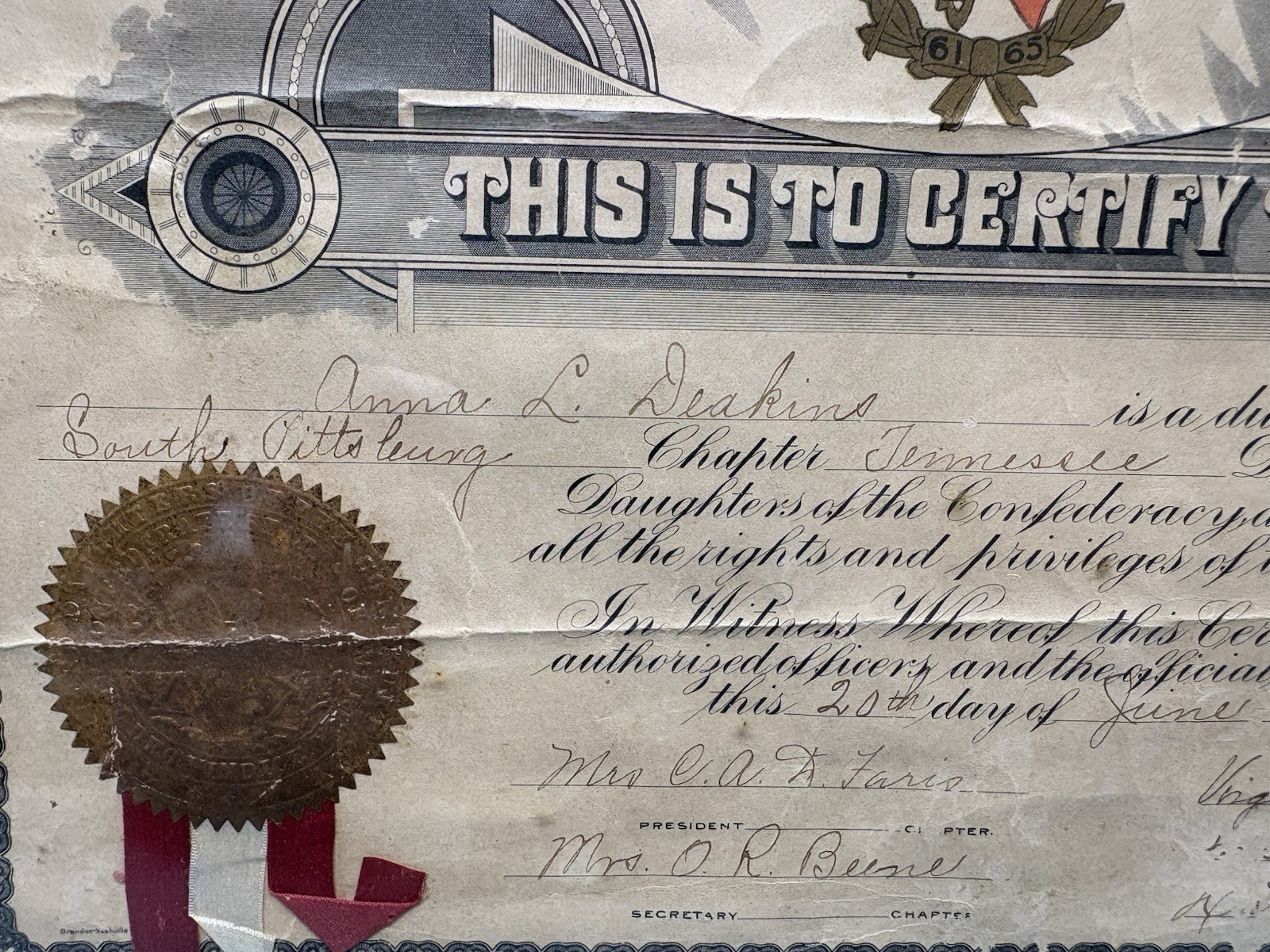 United Daughters of The Confederacy membership Tennessee History framed 1911