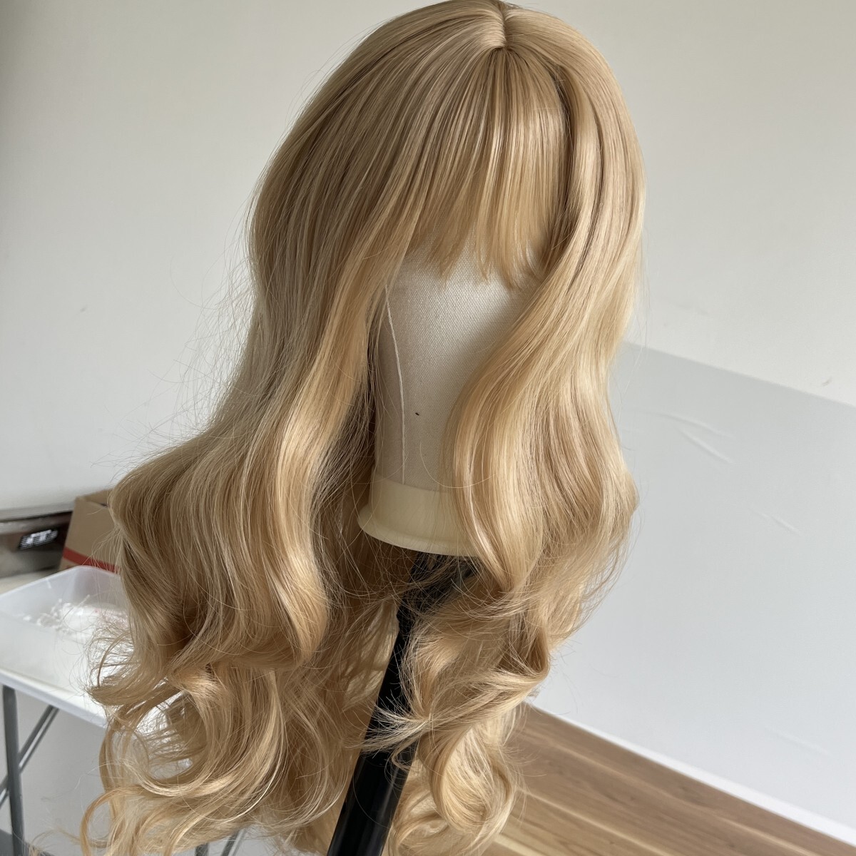 Soft Layered Honey blonde Dress Up Wigs With Bangs Long Wavy Heat Resistant Hair