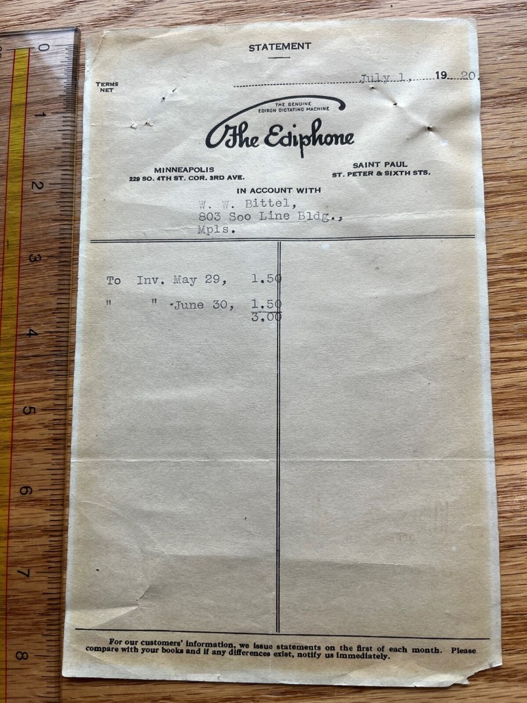 Original Edison Ediphone Receipt