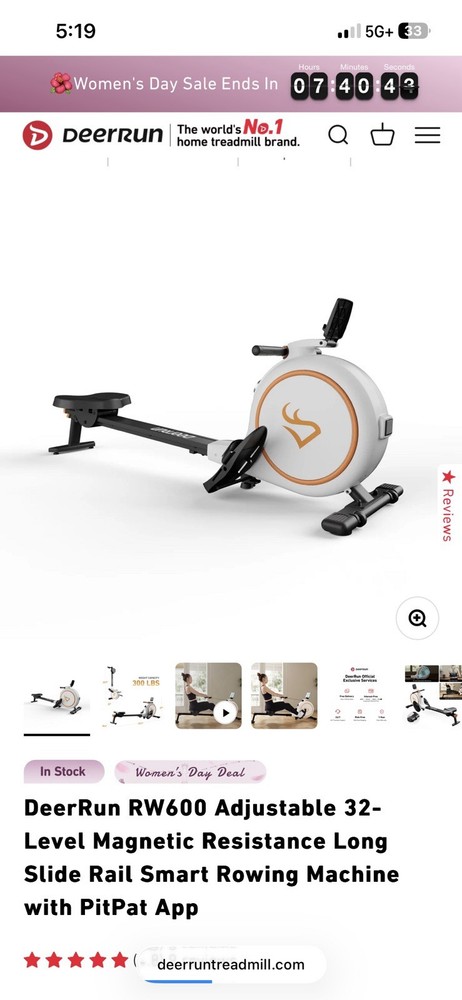 DeerRun RW600 Rowing Machine, 32-Level Magnetic Resistance, Smart App, Foldable