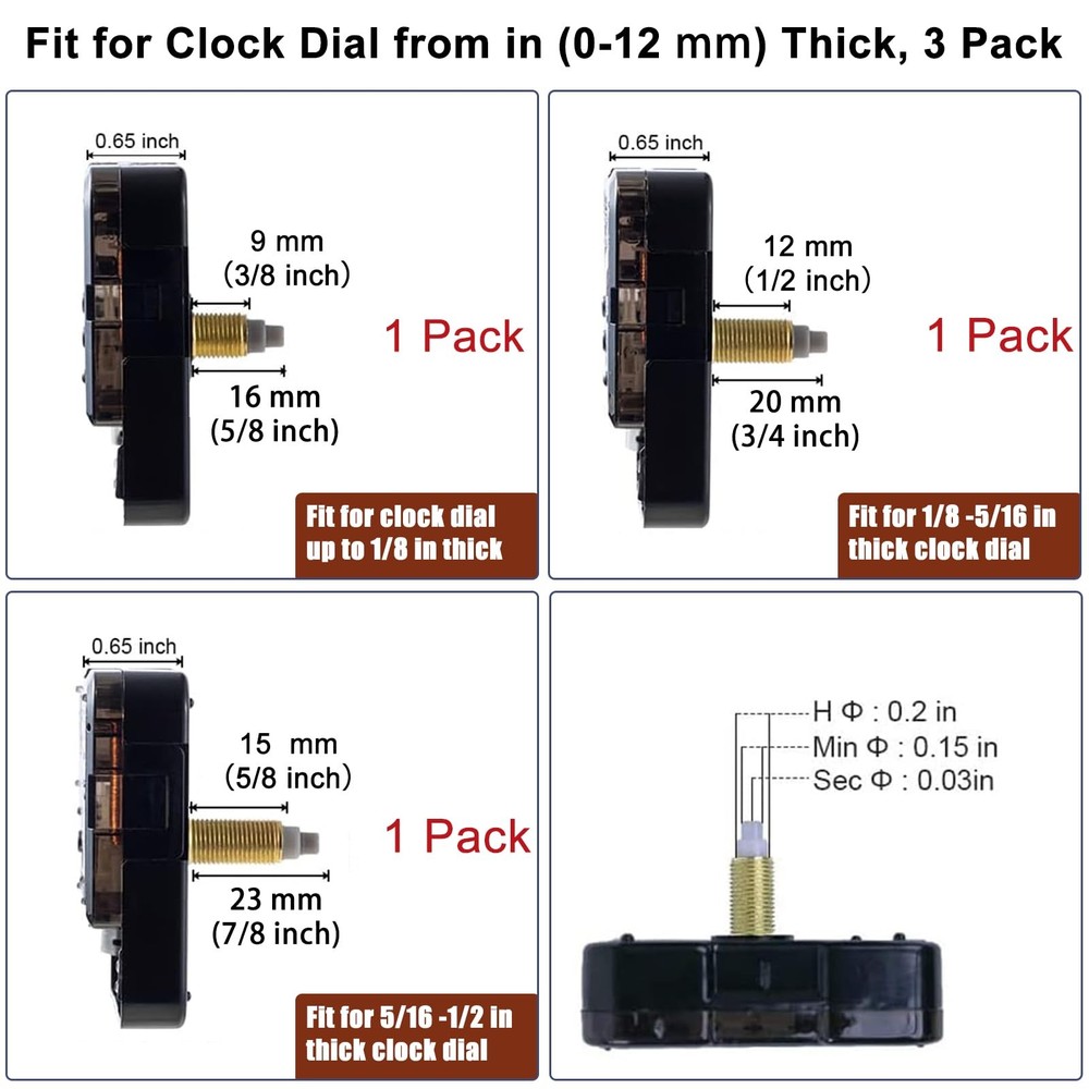EMOON 3 Pack Silent Clock Mechanism Replacement Kit, Size1-3pack, Black