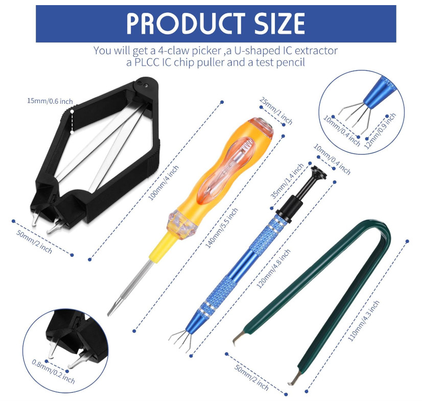 4 Pieces IC Chip Remover Tool IC PLCC Chip Extraction Tool Extractor Puller 4-Cl