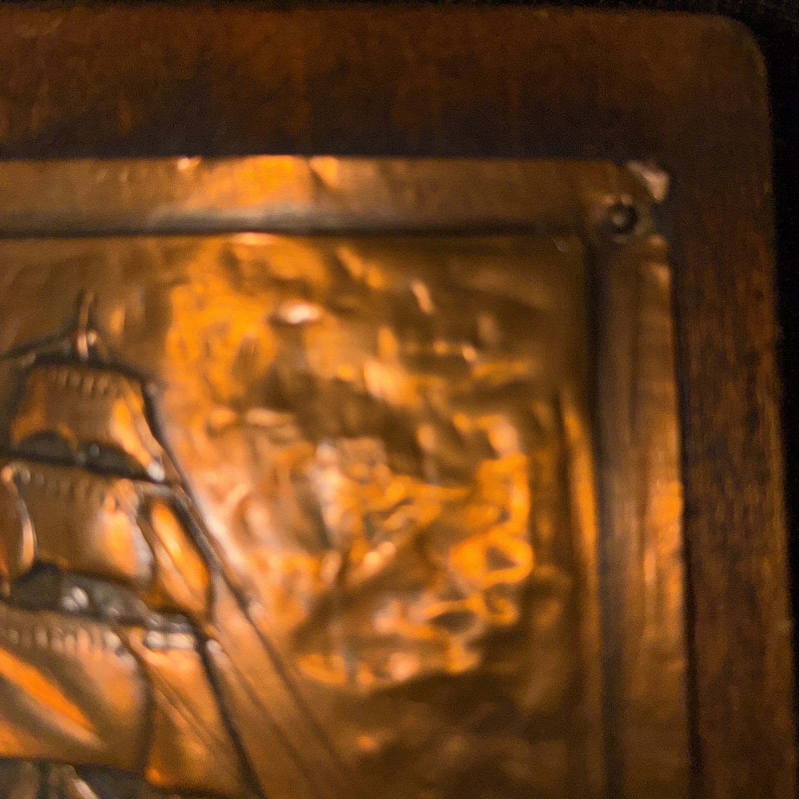 Vintage Copper Metal Embossed Sailing Ship On Wooden Plaque 3D 4.75” Square