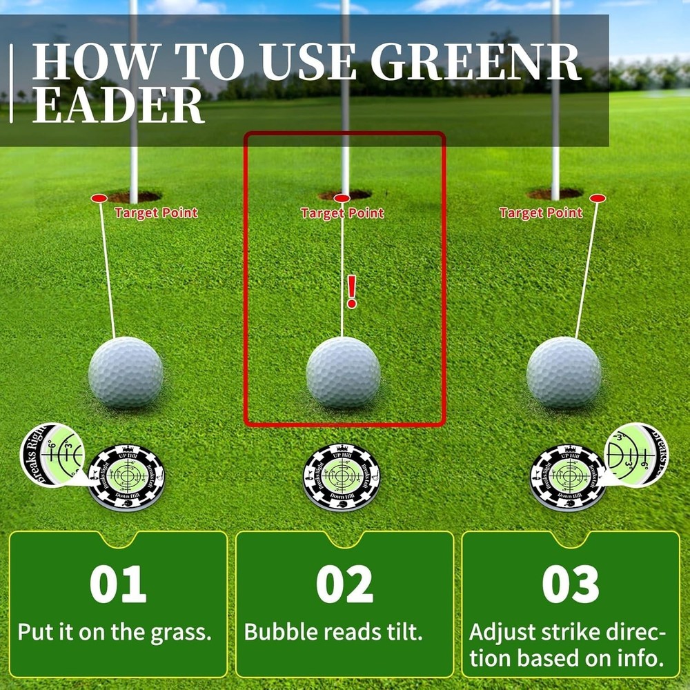 Golf Green Reader 2 Pack Golf Ball Marker Hat Clip High Precision Bubble Putting