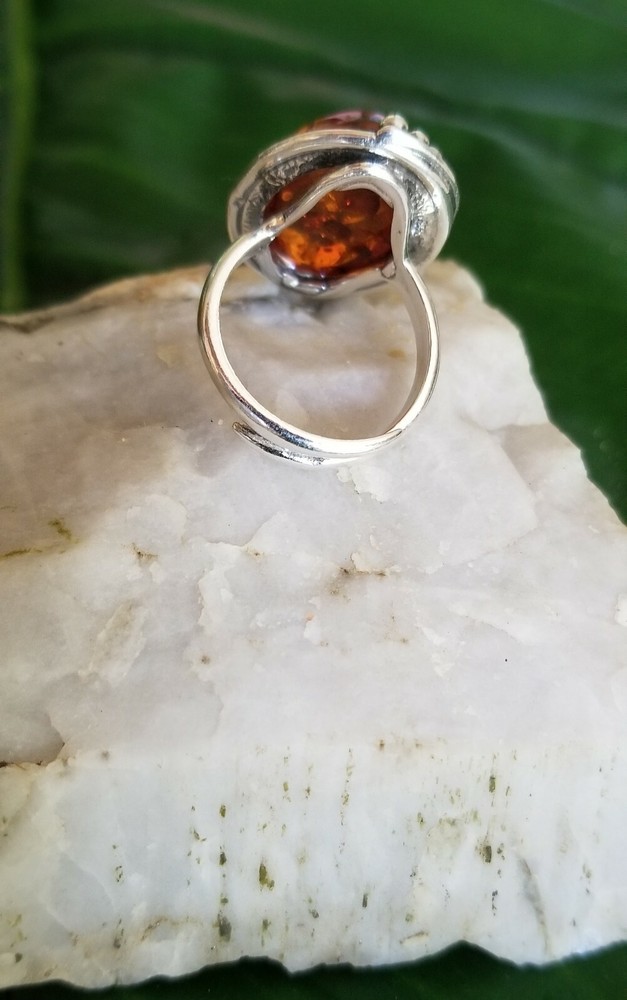 Artisan Crafted Baltic Amber Leaf Ring Sterling Silver Stamped 7.0 Adjustable