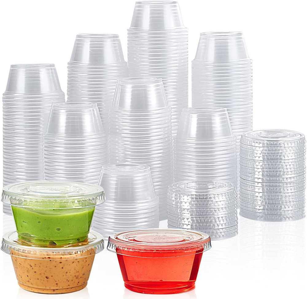 200 Sets 2 Oz Disposable Plastic Portion Cups with Lids, Small Plastic Condiment