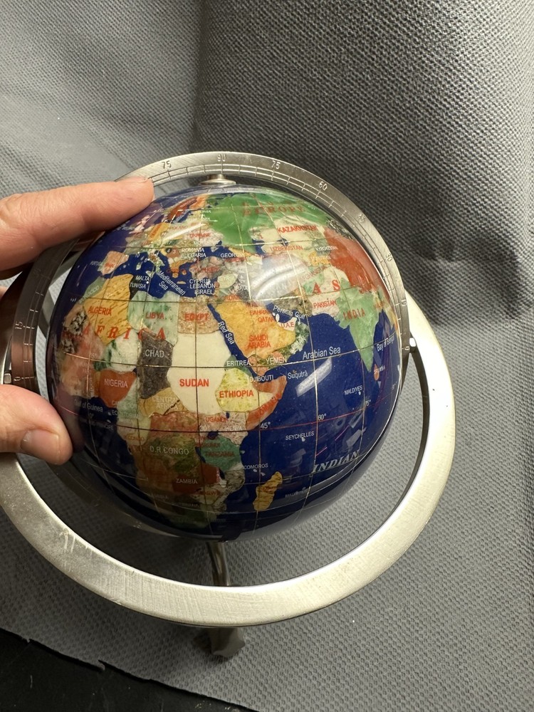 10 Inch Decorative Gemstone Inlaid World Globe With Solid Brass Three.