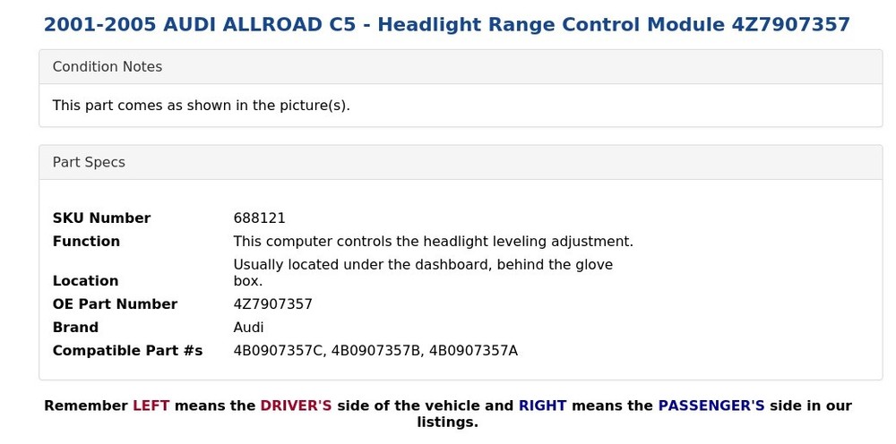 2001-2005 AUDI ALLROAD C5 - Headlight Range Control Module 4Z7907357