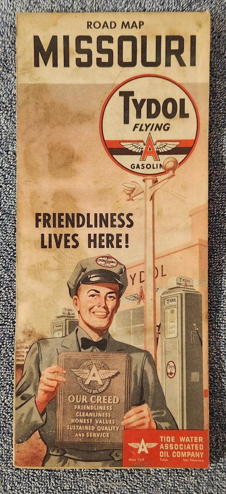 Vintage 1940s Tydol Flying A Tide Water Road Map: Missouri