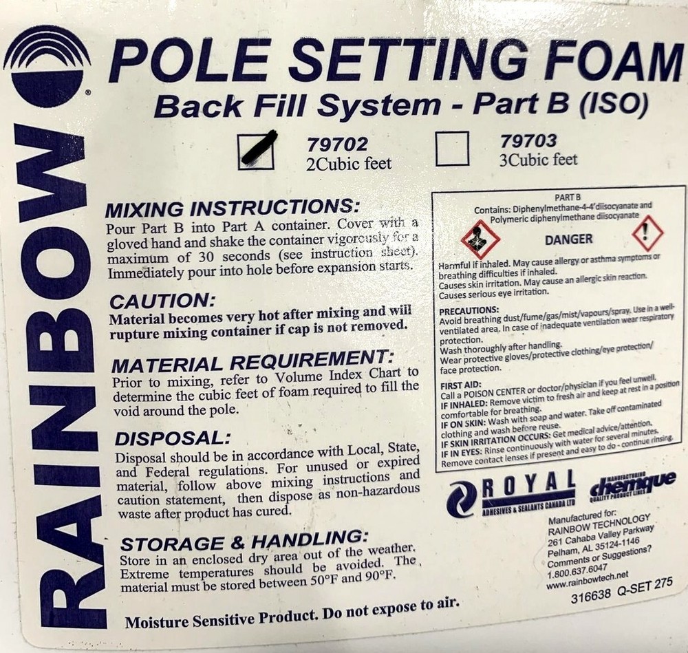 Rainbow Pole Setting Foam Back Fill System Part B 79702