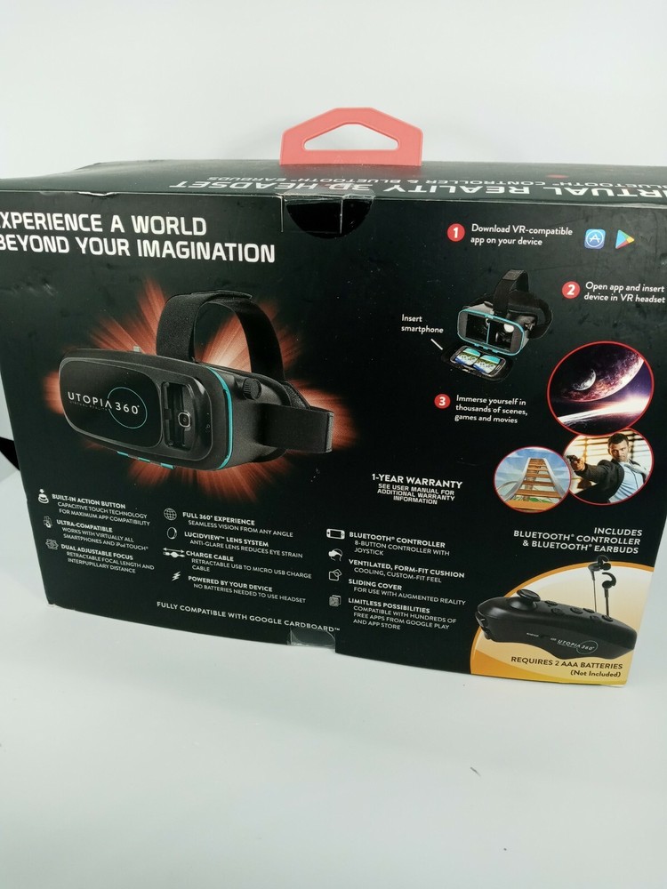 Utopia ReTrak 360 Degree 3D VR Headset Bundle Bluetooth Earbuds & Controller NIB