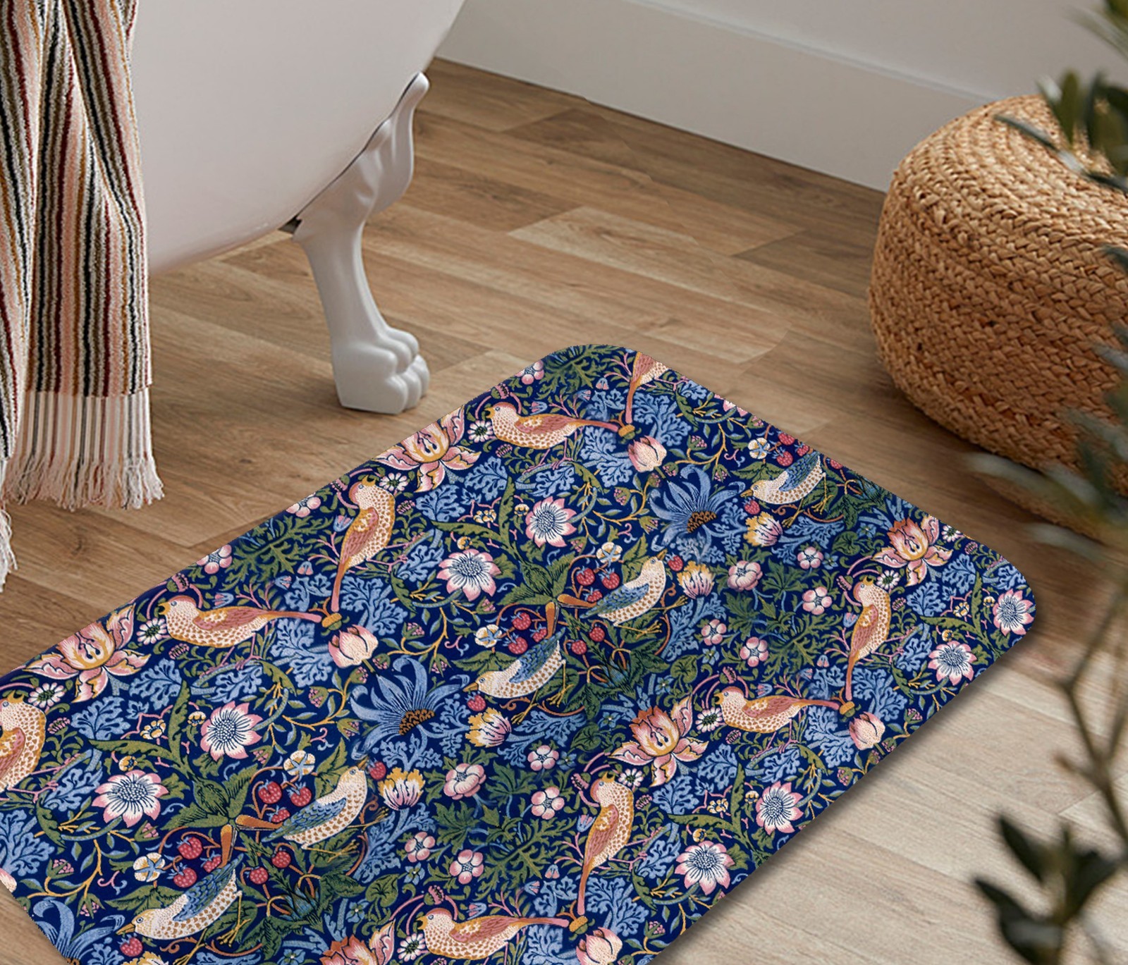 William Morris Strawberry Thief Bath Mat #5, Arts and Crafts Floral Bird Rug