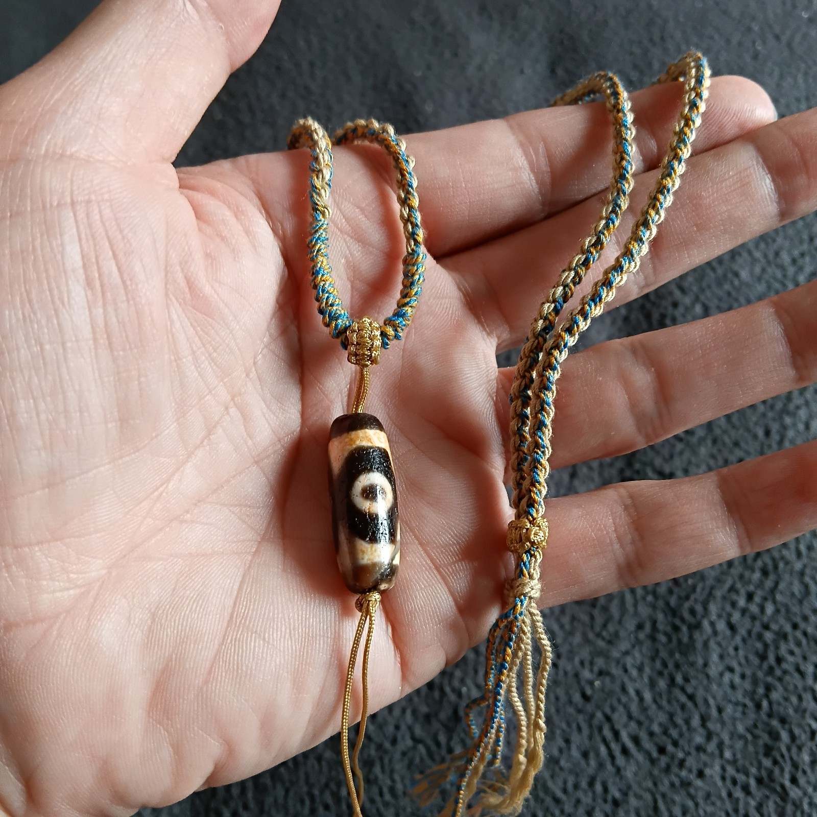 Tibetan Agate Pre 1800s 3 eye Dzi Bead Necklace