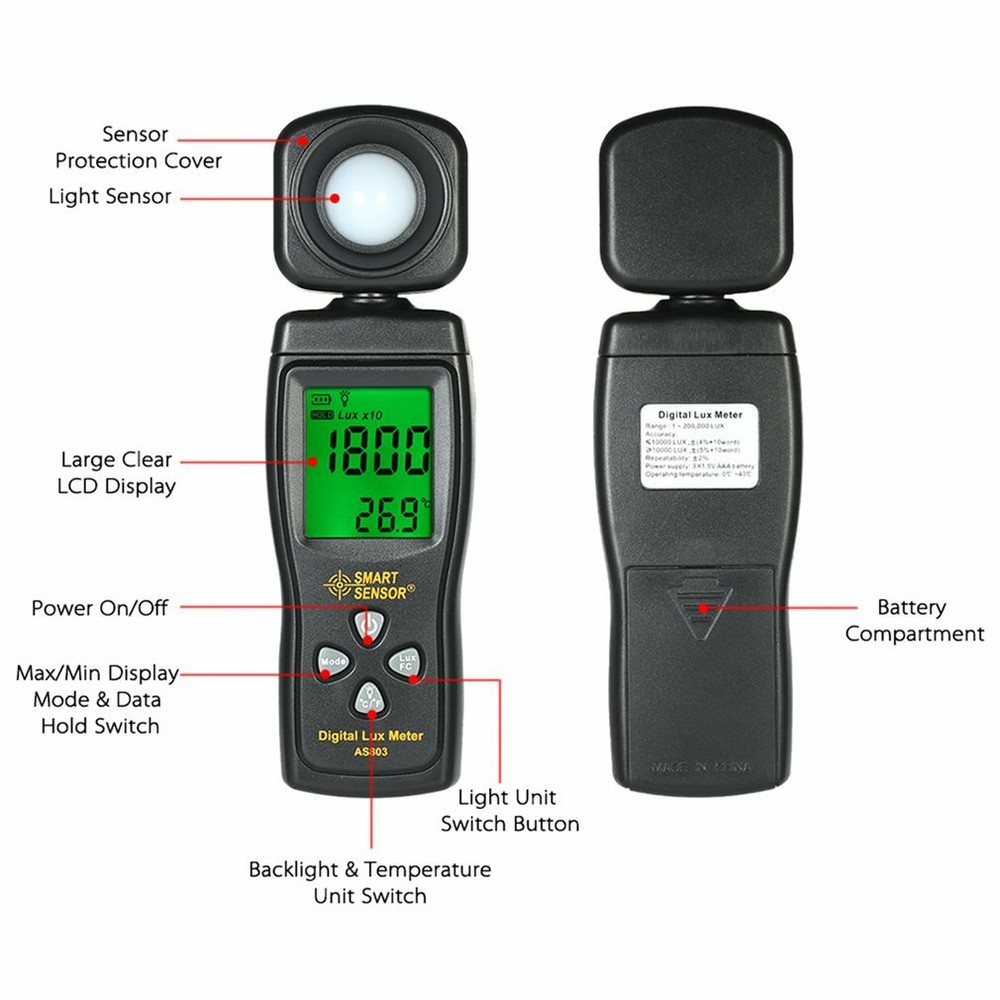 Light Meter Digital Lux Photometer Spectrometer Actinometer Luminosity Checker