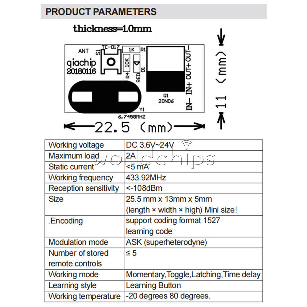 433mhz DC 3.6V-24V 1CH Relay Wireless RF Remote Control Switch Receiver Module