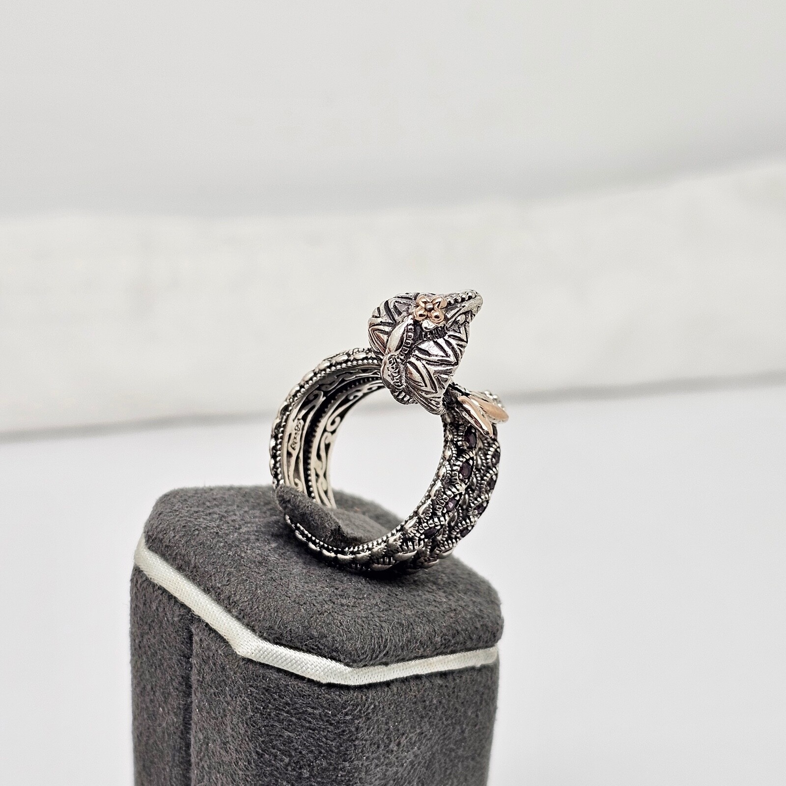 BARBARA BIXBY STERLING SILVER 18K MULTI-STONE KING COBRA SNAKE RING,9,BOX/POUCH