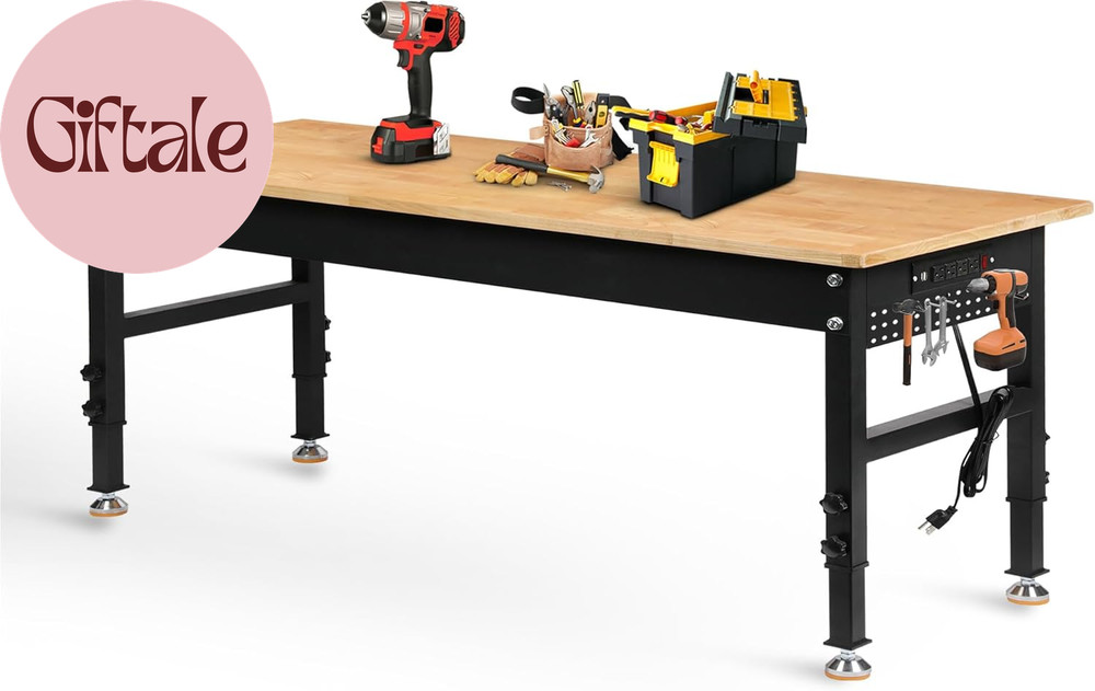 70" Adjustable Height Workbench, 2000 LBS Heavy Duty Work Table with Power Outle