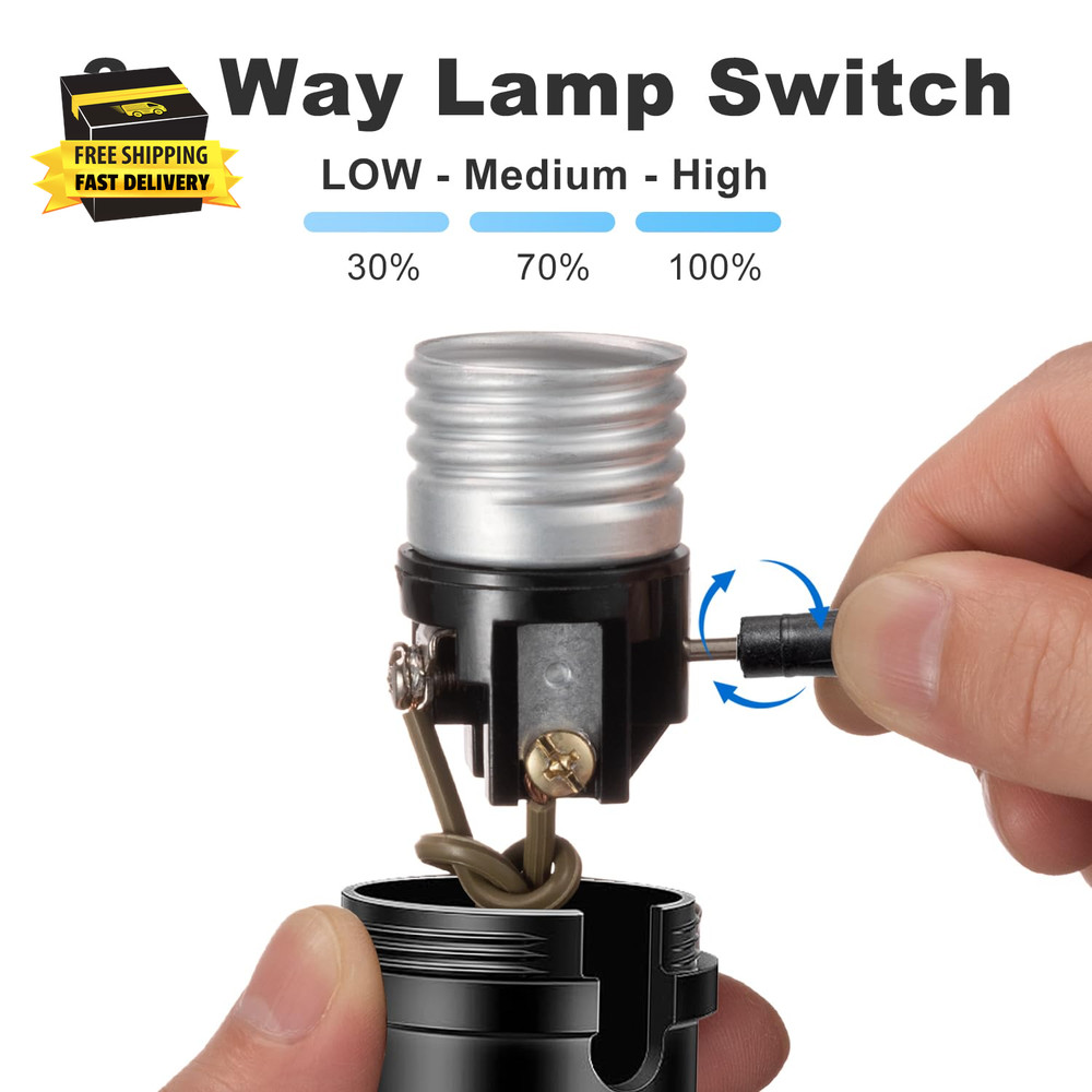 3 Way Light Socket with Lamp Shade Ring, E26 Lamp Socket Replacement with Switch
