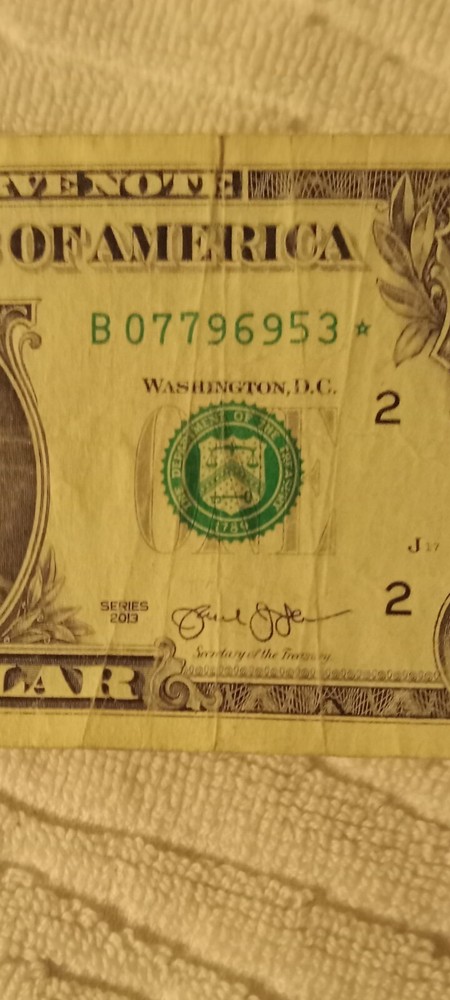 US paper money error note duplicate 2013 $1* star note B08599611* + flipper?