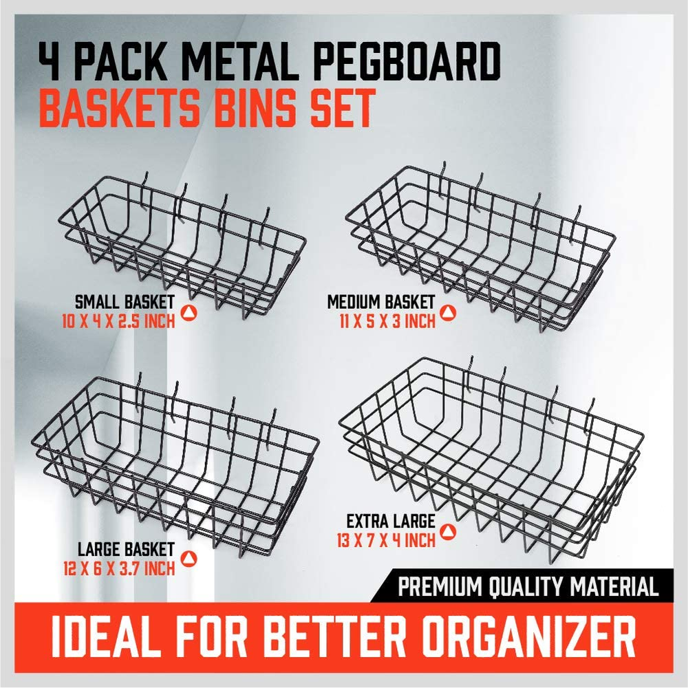 Peg Board Bins and Baskets | 4 Pack | Square Style 4 Size Pegboard Baskets and P