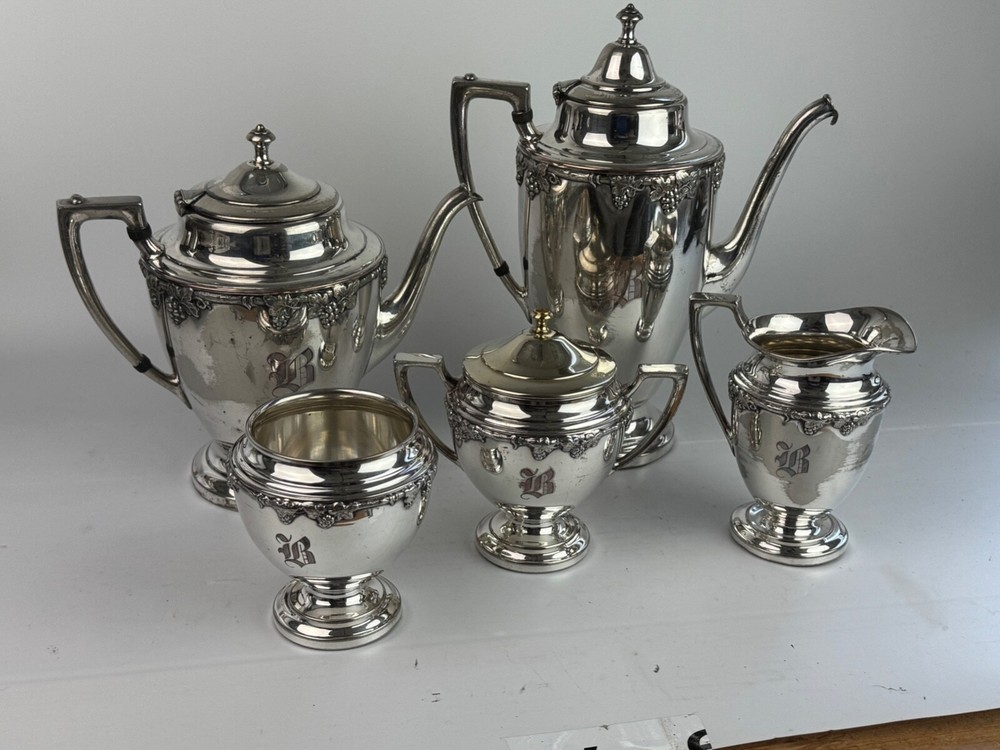 CS Silver On Copper Grape Pattern Tea Set Monogram B