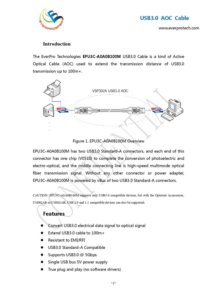EverPro Technologies EPU3C-A0A0B100M 100M USB 3.0 Active Fiber Optical Cable