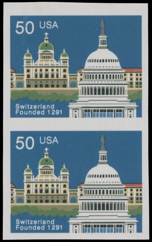 1991, USA 700TH ANN. OF SWITZERLAND, VERTICAL IMPERFORATE PAIR, NH, SC. #2532imp