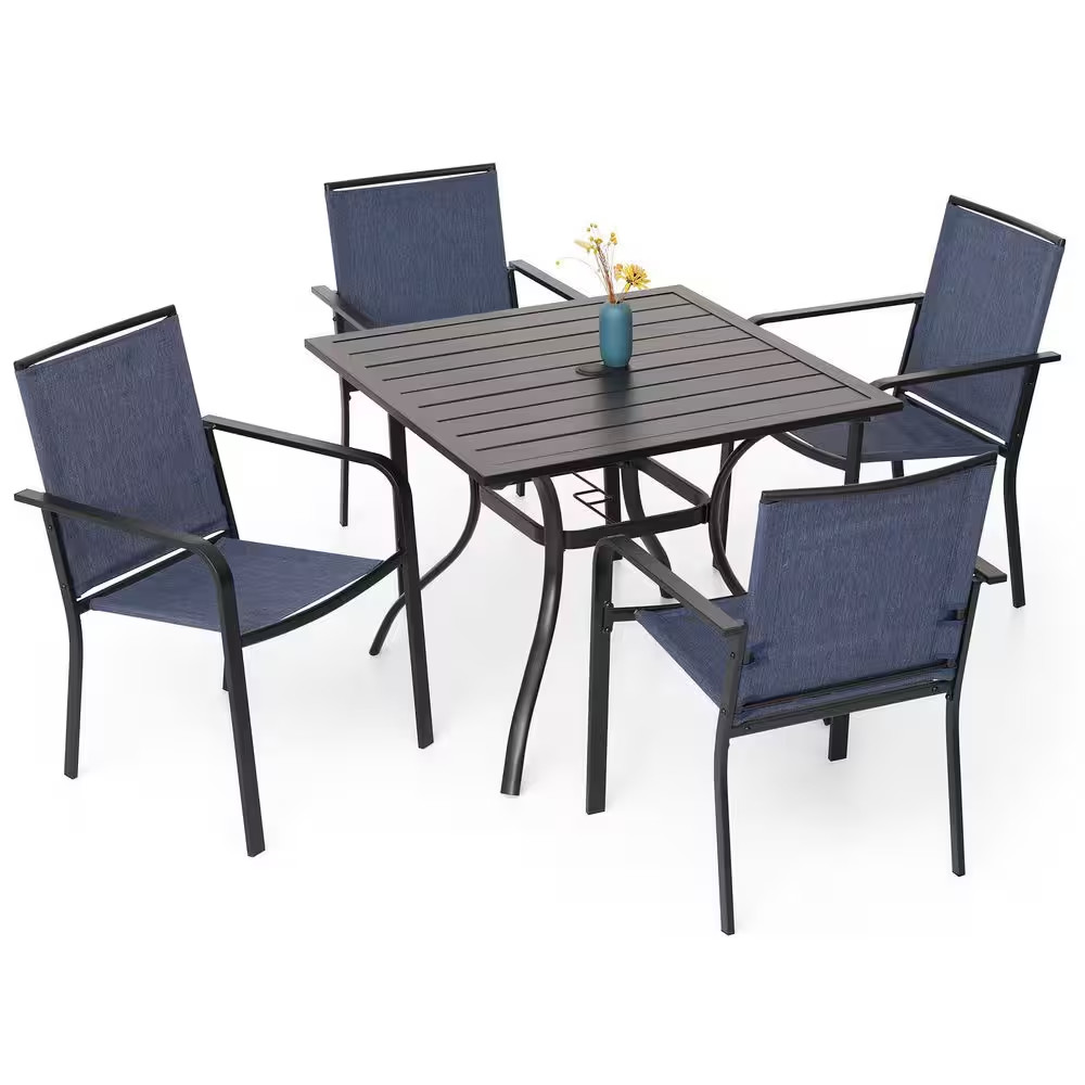 5-Piece Metal Patio Dining Set Square Table with 4-Stackable Chairs