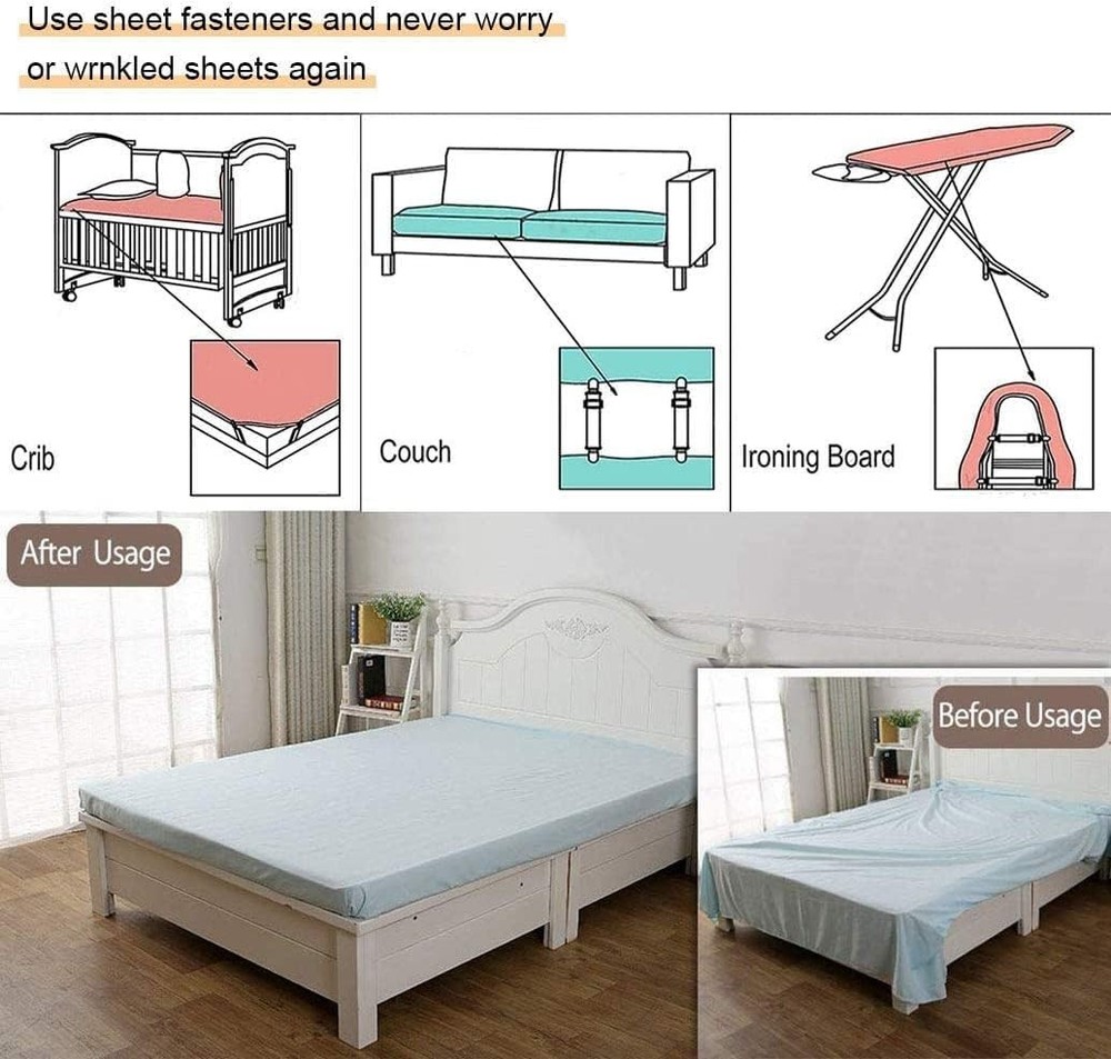 Multipurpose Elastic Mattress Sheet Clips - 8 Adjustable Fasteners in White