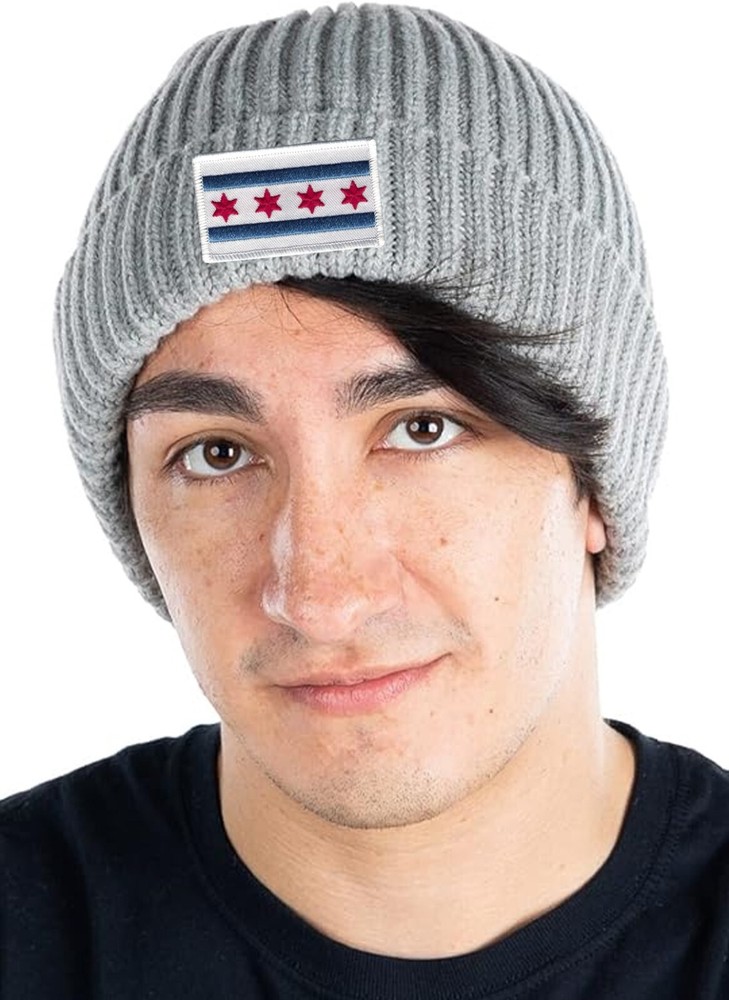 Chicago Flag Patch Cuffed Ribbed Beanie Hat White Border Light Grey
