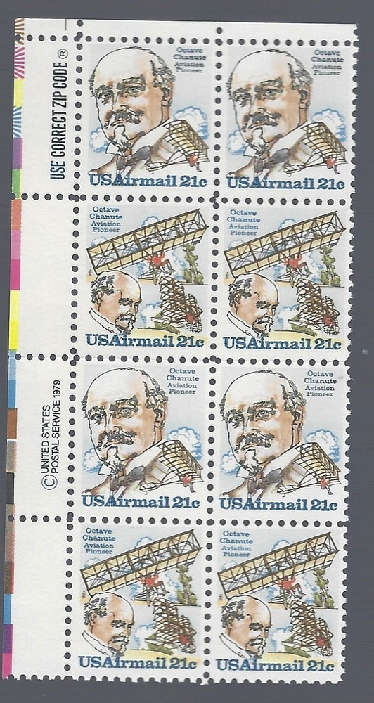 Stamp US C94a, Octave Chanute, Margin Block, MNH