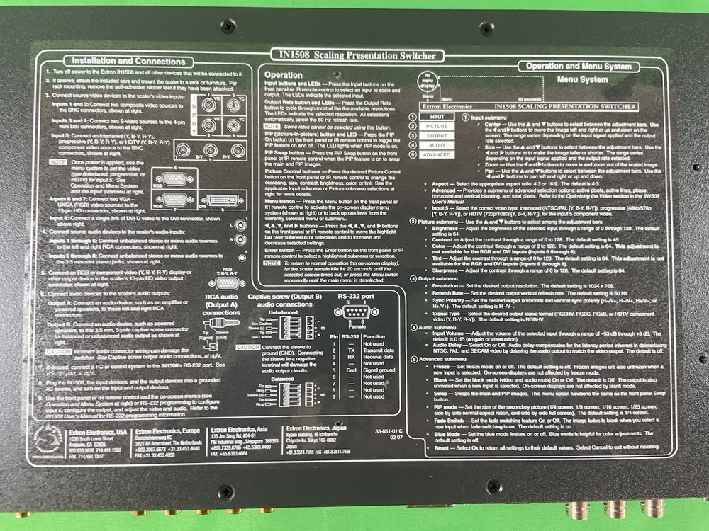 Extron IN1508 Scaling Presentation Switcher – 8 Input, VGA/Component, Rack Ears