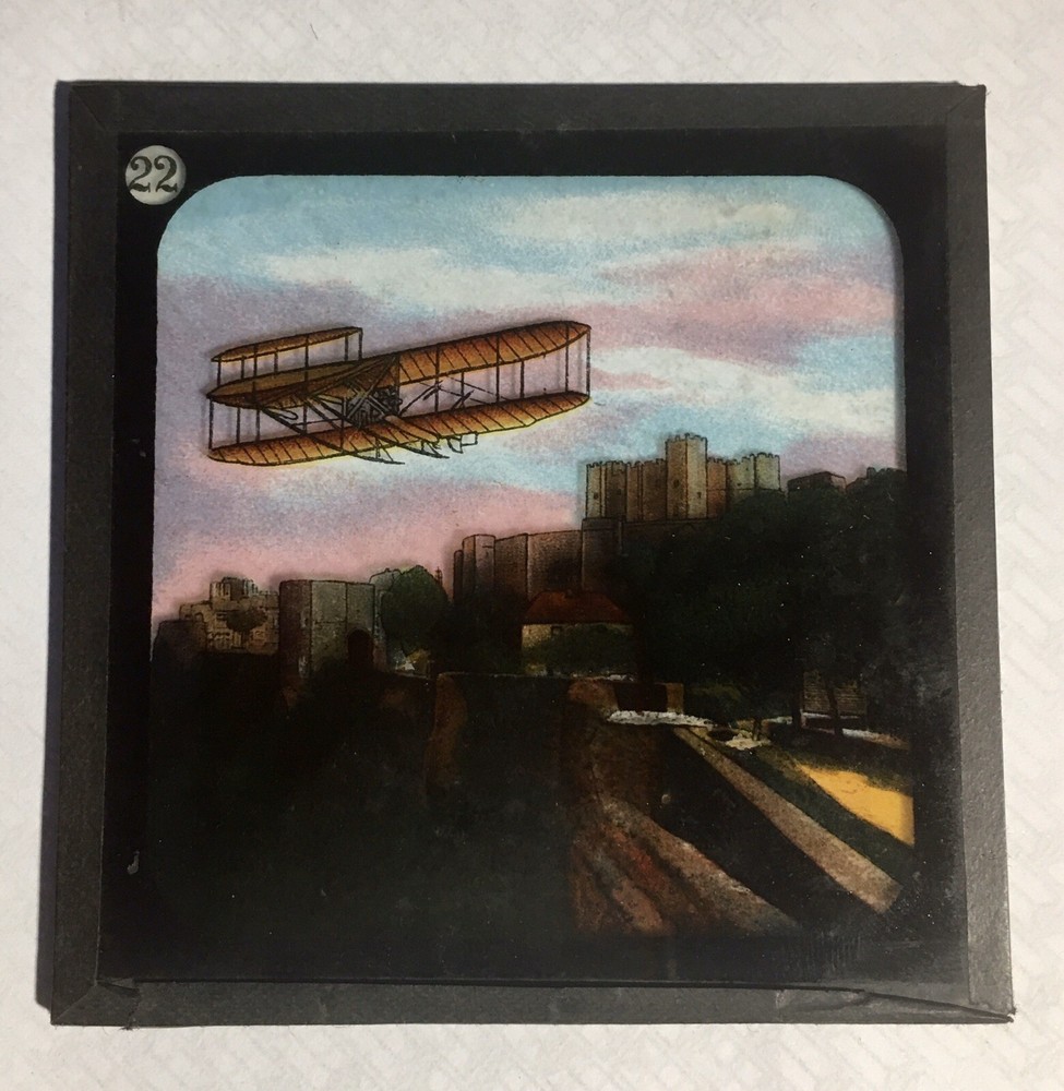 Rare Glass Lantern Slide The Wright Plane Flying Over Dover Castle?