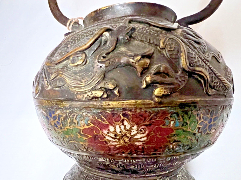 CHINESE BRONZE CHAMPLEVE VASE WITH HANDLE NO BOTTOM