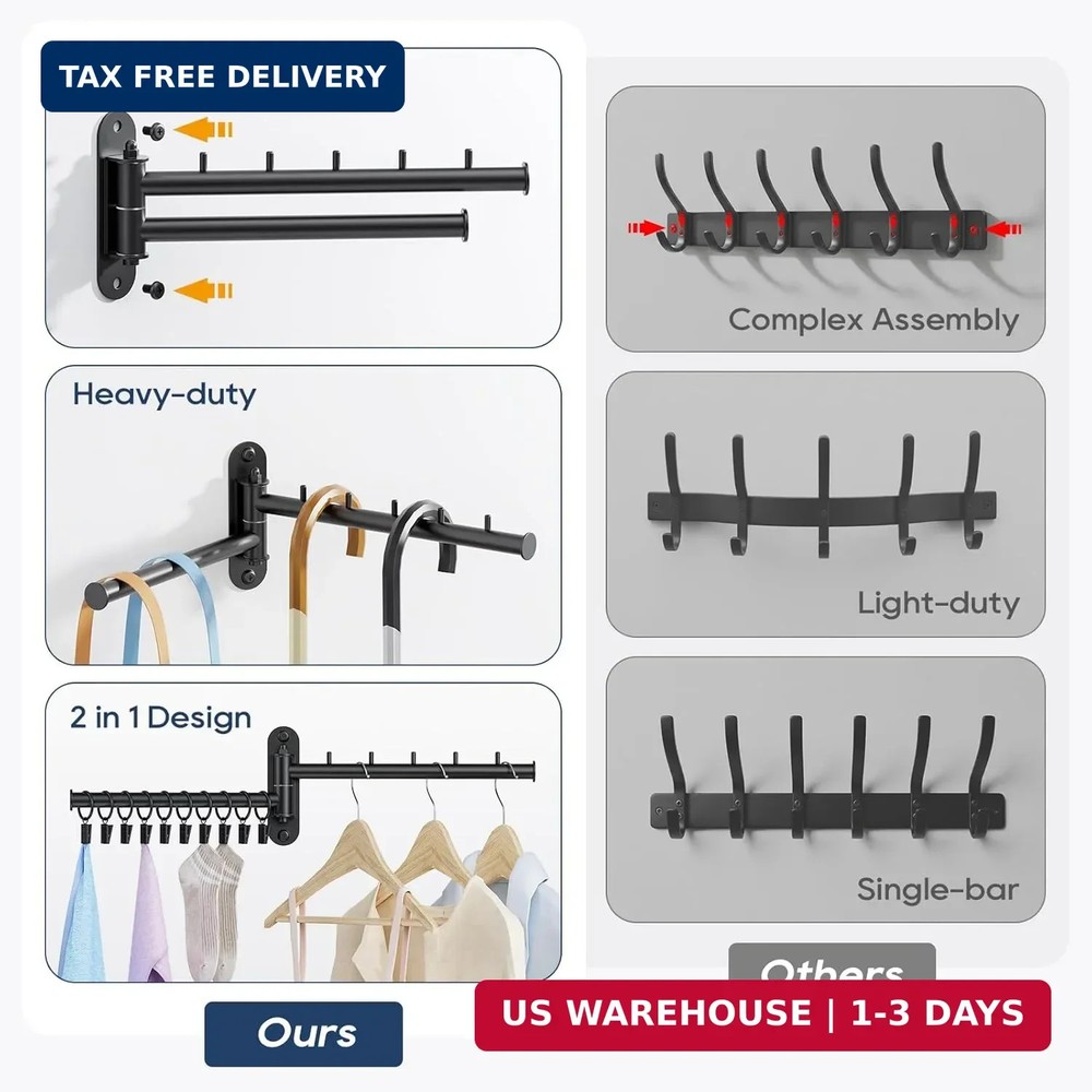 Wall Mounted Drying Rack, 2-Tier Laundry Drying Rack with Swing Arm, Space-Savin