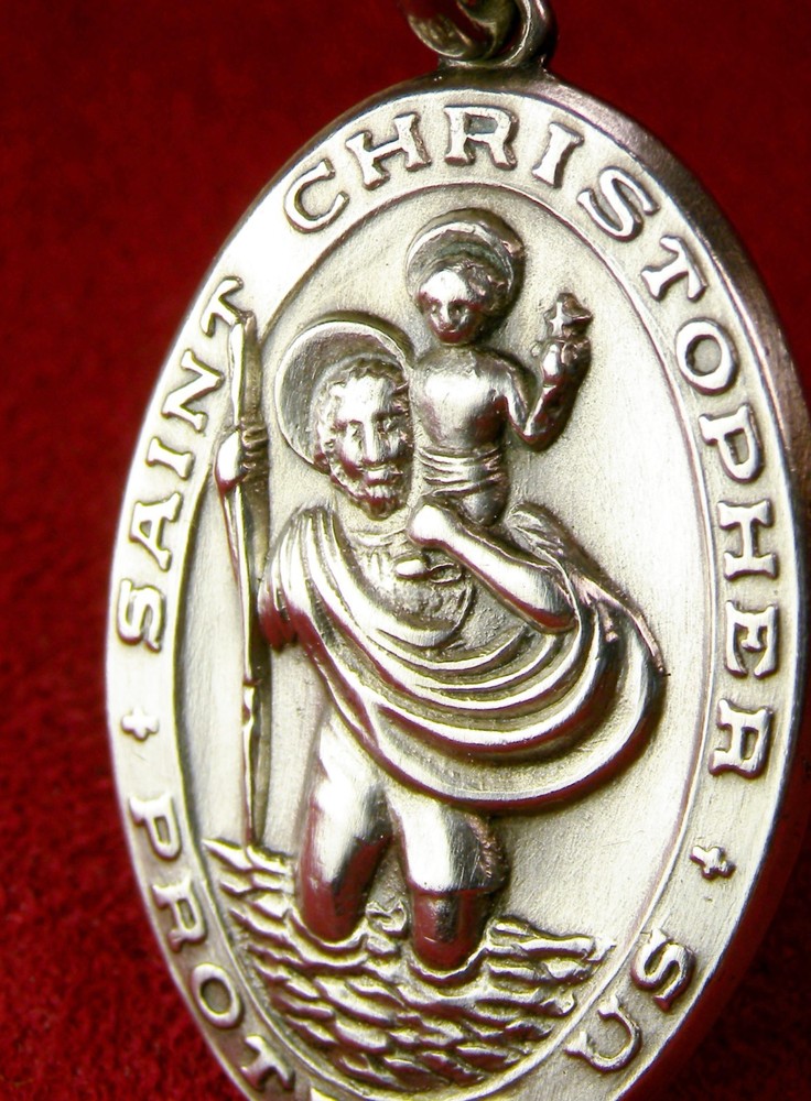 WWII CHAPLAINS 9 GR Sterling GI Battle Worn Dog tag Chain St Christopher Medal