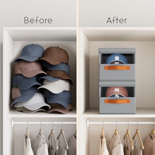 Hat Organizer for Baseball Caps - Stackable Foldable Protective 3 Pack Grey