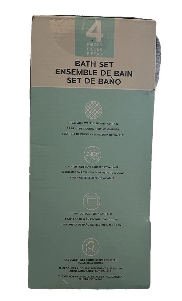 4 Pc Bath Set - Curtain, Liner, Hooks, And Bath Mat - Gray