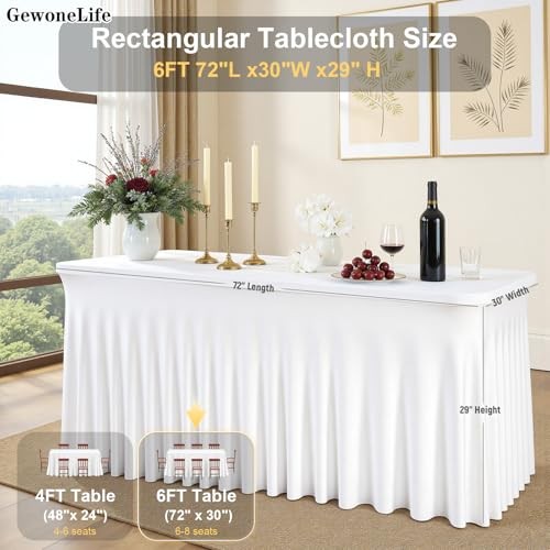2 Pack Rectangle Tablecloths, Washable Stretch Fitted 6 Feet - 2 Pack White