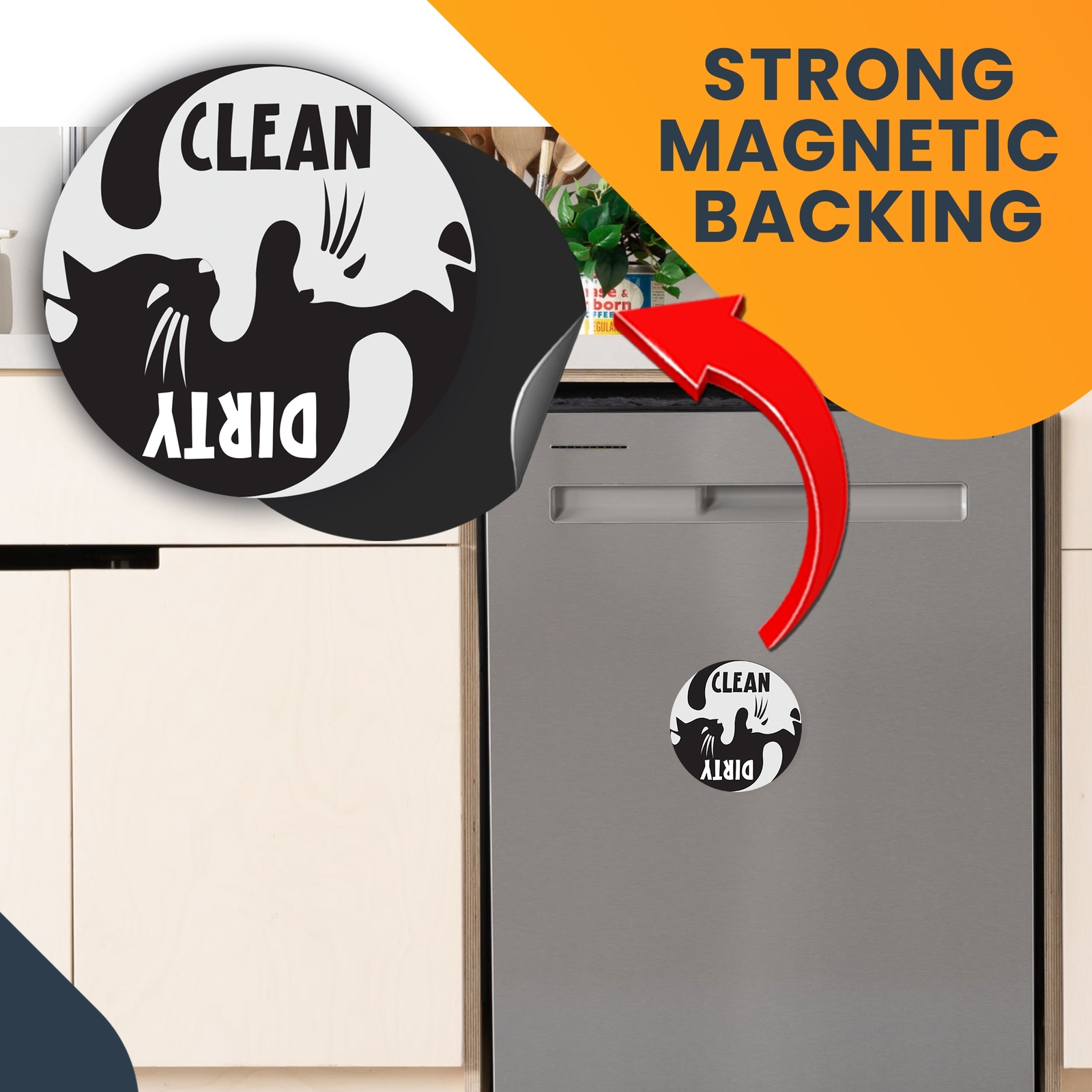 Clean Dirty Cat Dishwasher Indicator Magnet Decal, 5 Inch, Kitchen Magnet
