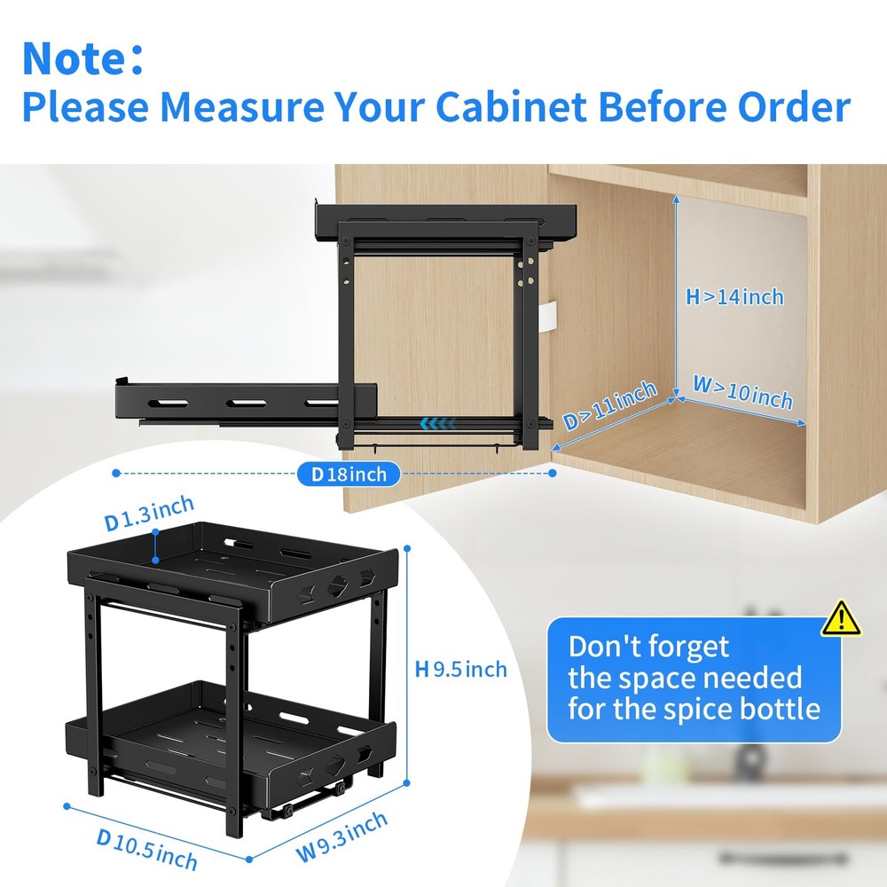 2-Tier Pull Out Spice Rack Organizer for Cabinet, Adjustable Height, Black