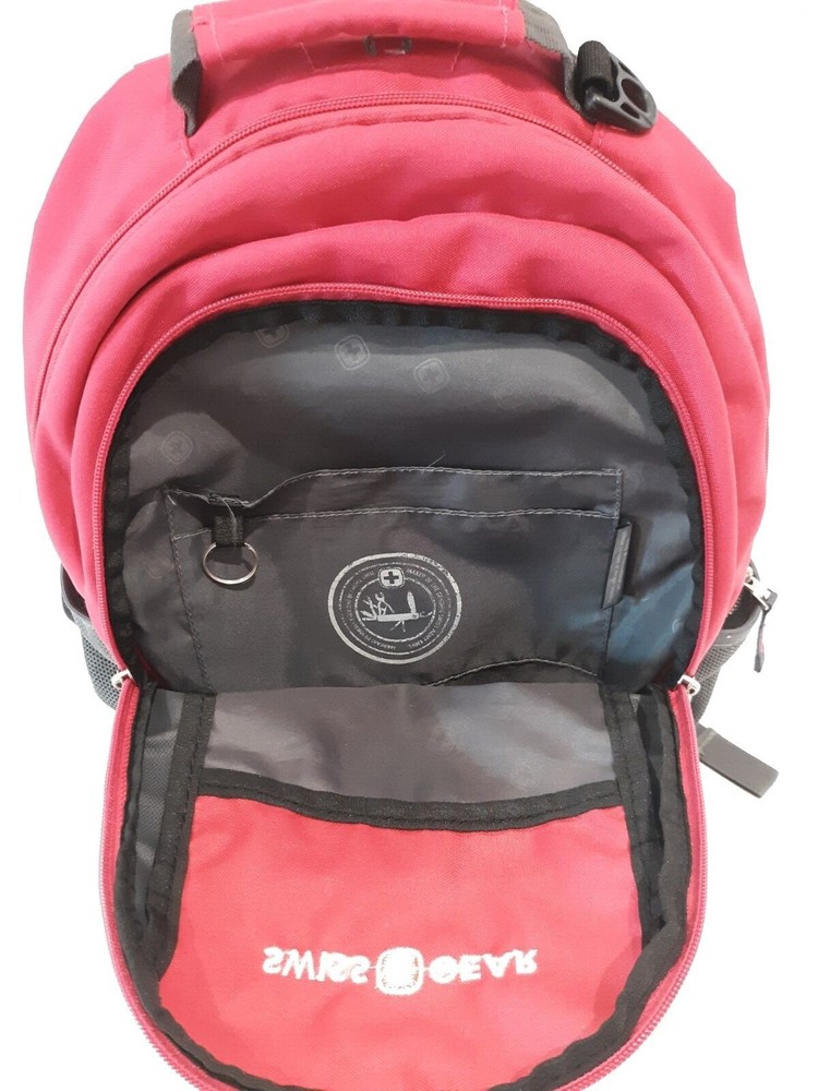 Red backpack made in Switzerland
