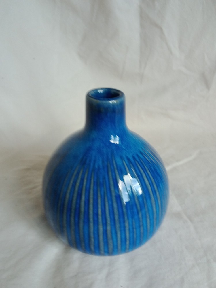 Vibrant, Unique Ceramic Bulb Vase, Blue with Grey Vertical Stripes. 