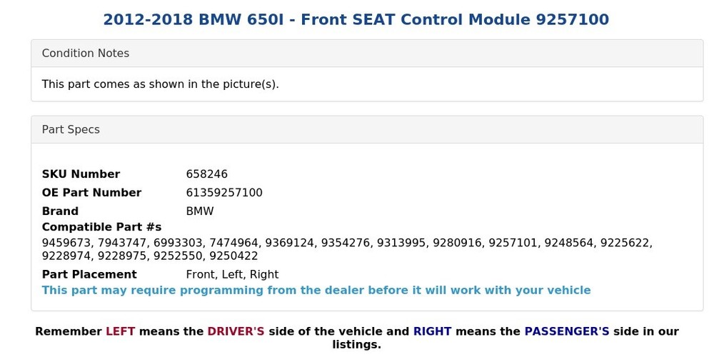 2012-2018 BMW 650I - Front SEAT Control Module 9257100