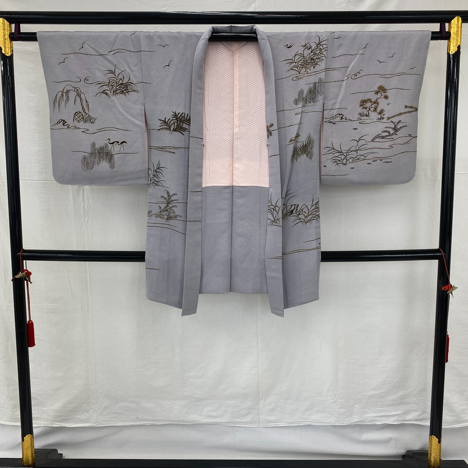 Japanese Vintage Kimono Haori Jacket Polyester Gray Traditional Authentic 35 in