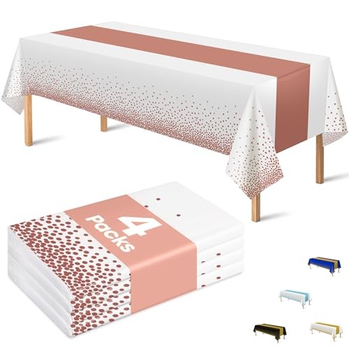 4 Pack Disposable Plastic Table Cloths,Rectangle Table White and Rose Gold