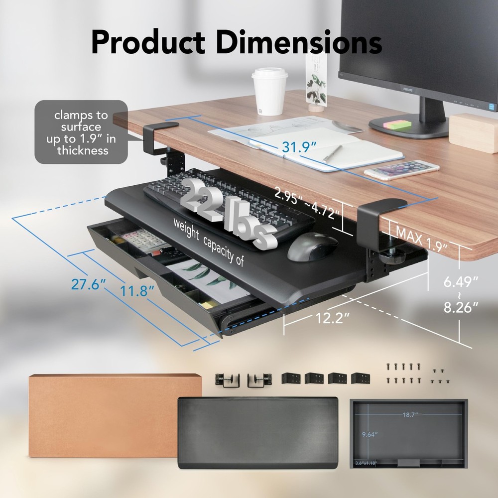 EHO Keyboard Tray with Drawer - Clamp On Under Desk Pull Out Extender Table A...