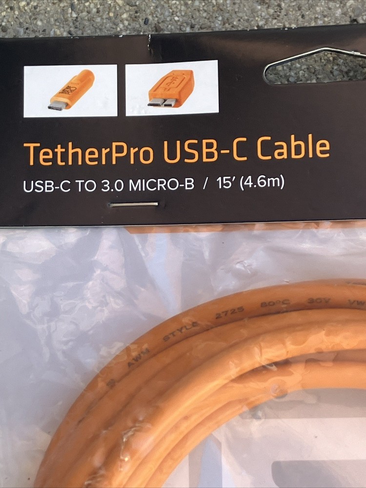 Used Tether Tools TetherPro USB-C to 3.0 Micro-B Cable, 15', Orange