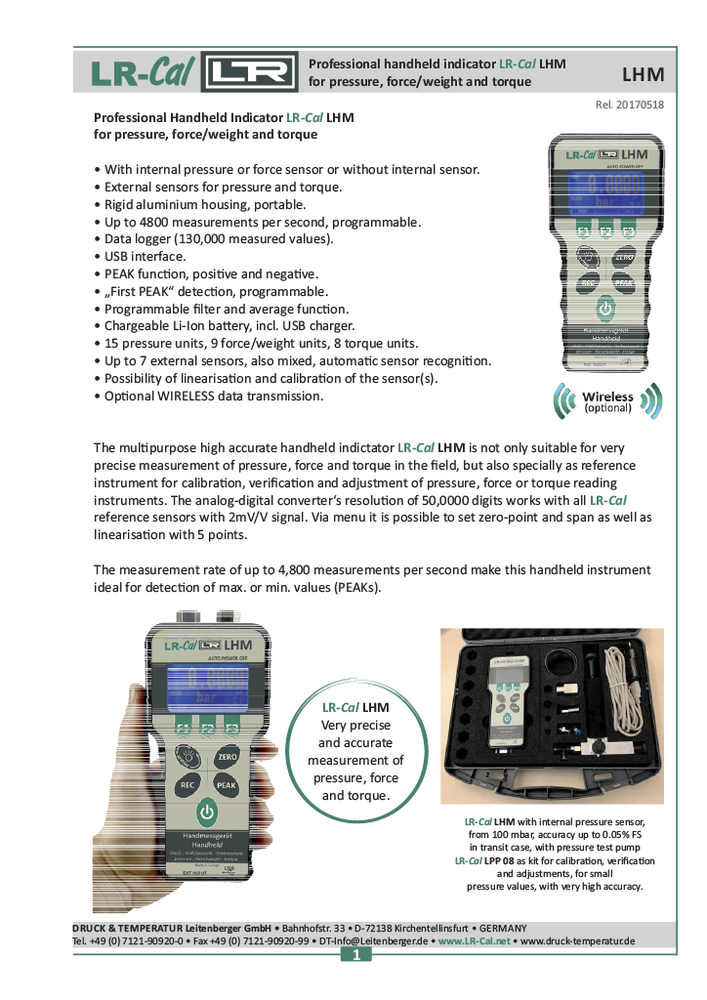 LR-Cal LHM N Pressure Torque & Force Meter with External Torque Sensor 100 Nm